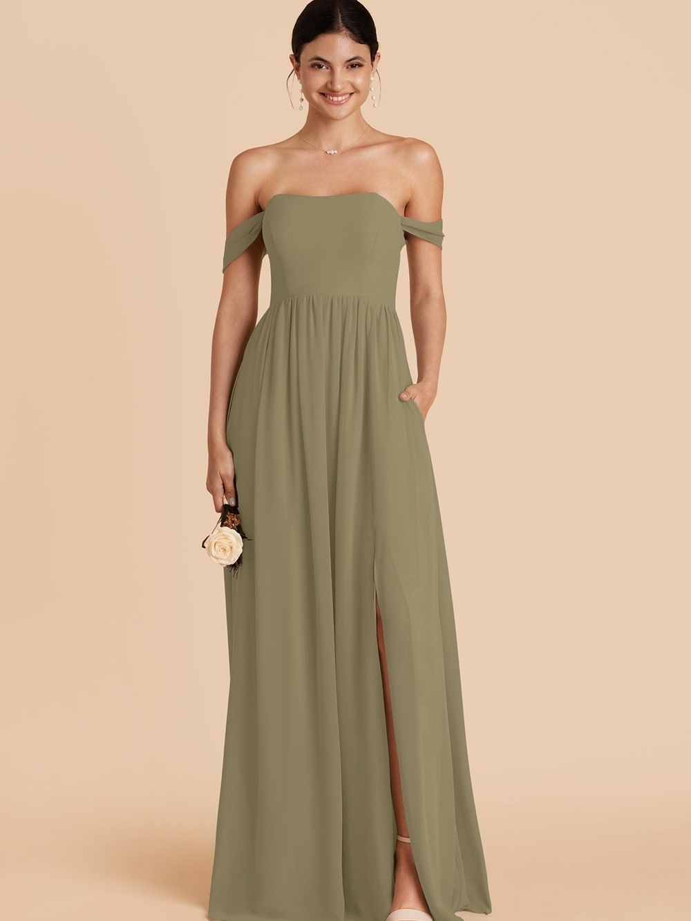 Off-Shoulder Olive Green Maxi Dress
